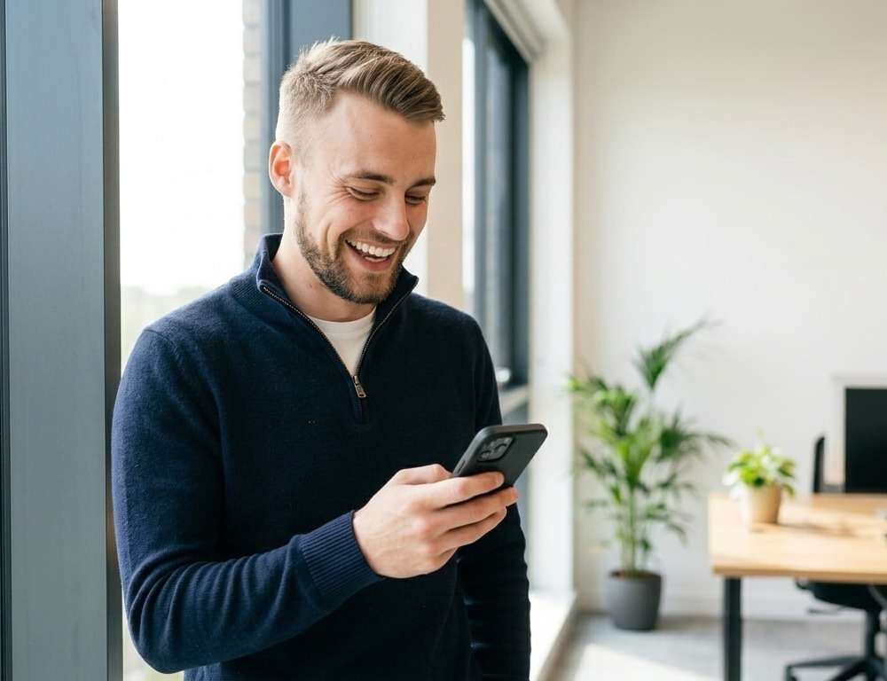 Nick, founder of Lead Wave, on his phone