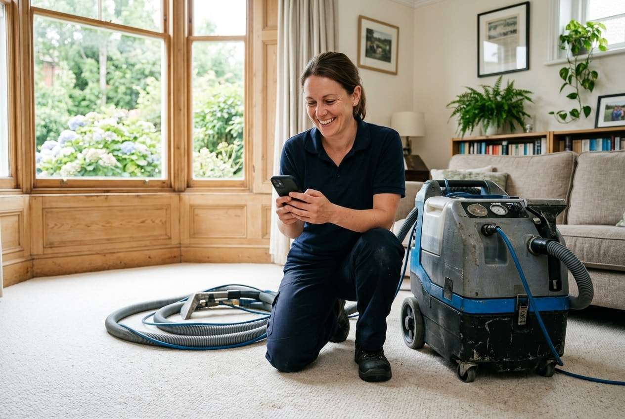 Illustration: a carpet cleaner beside her machine reading a new enquiry