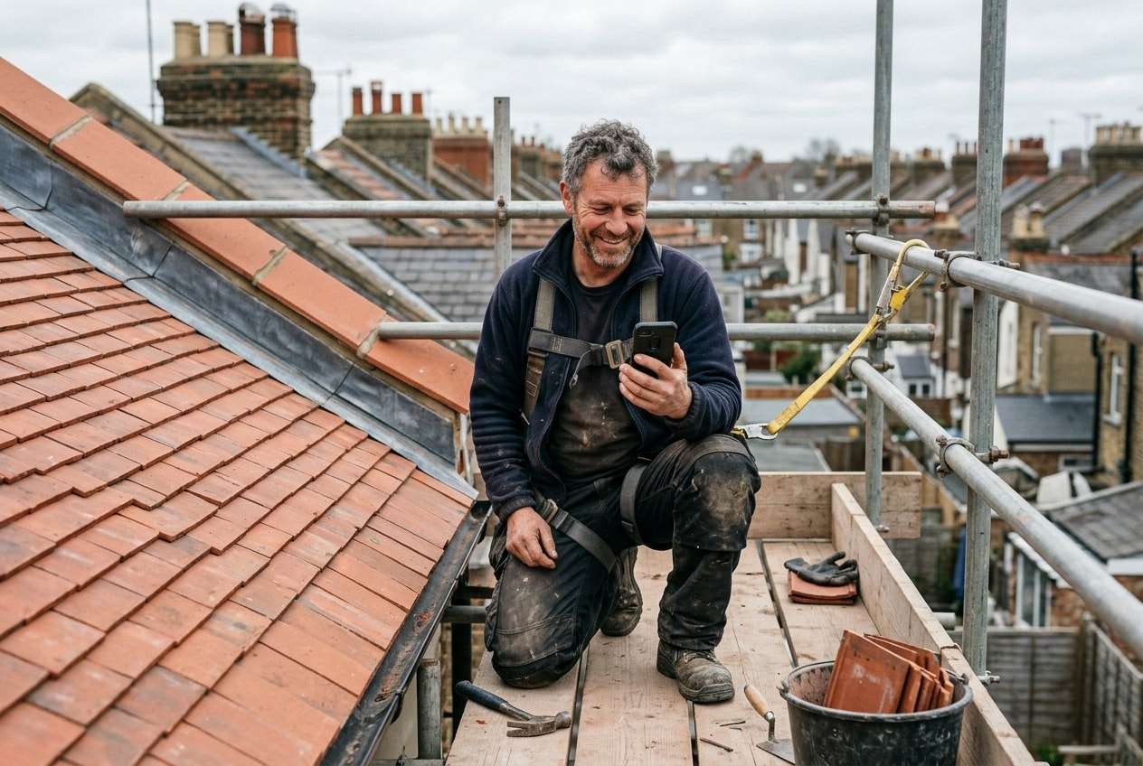 Illustration: a roofer on scaffolding reading a new enquiry on his phone